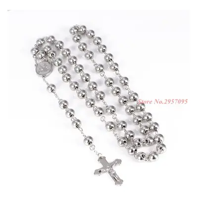 Classic Womens Mens Necklace Stainless Steel Silver Bead Rosary Chain Jesus Christ Cross Pendant