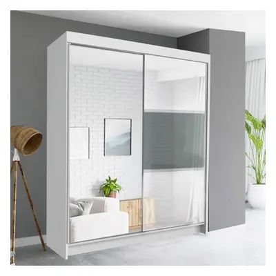 (150cm, White ) Fort High Gloss Sliding Door Wardrobe with Drawers