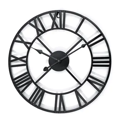 40cm Large Metal Skeleton Roman Numeral Wall Clock Black Round Shape