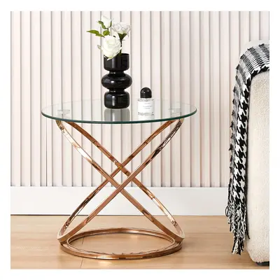 (Gold) Round Abstract Tempered Glass Side Table Chrome Effect Frame In Gold Or Silver