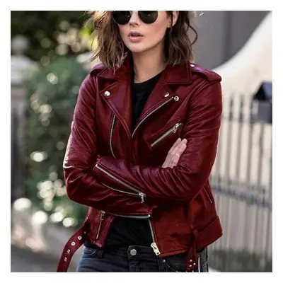 (wine red, M) Women&apos;s Fashion Short Leather Jacket Pu Motorcycle Clothing Slim Slim Leather