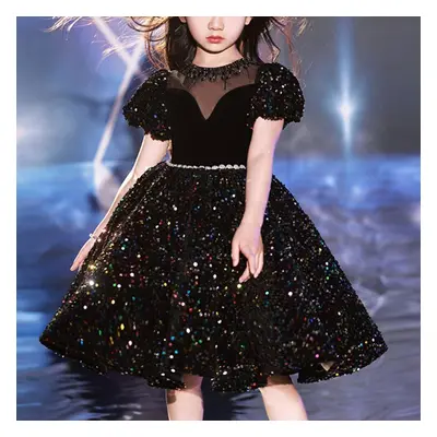 (black, 140) Children&apos;s Dress Princess Dress With Bow Solid Color Sequin Performance Cake D