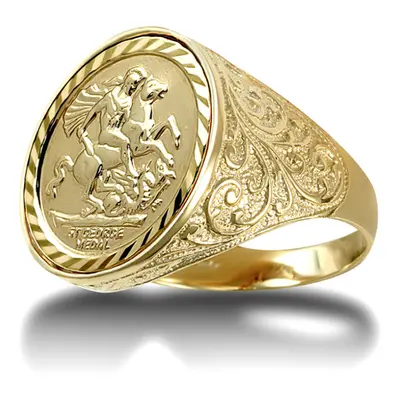 (W) Jewelco London Men's Solid 9ct Gold Floral Engraved St George & Dragon Medallion Ring (Half 