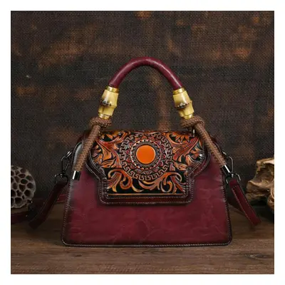 (burgundy) Johnature Vintage Handmade Embossed Women Leather Bag Luxury Handbag Versatile Female