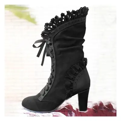 (black, 42) Women Square High Heel Boots Women Sexy Flock Leather Boots Autumn Winter Vintage La