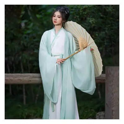 (green, M) Chinese Wei And Jin Dynasties Style Hanfu Bamboo Leaf Printed Large Size Ladies Suit