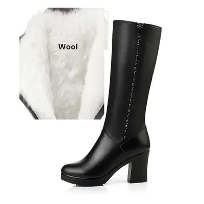 (as the picture, 38) Women Winter Boots Genuine Leather Boots Women Long Boots Wool Lined Warm S