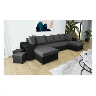 U-Shaped Corner Sofa Bed Grey and Black With Footstools