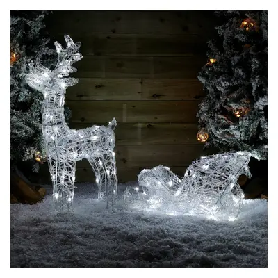 70cm Soft Acrylic Flashing LED Reindeer and Sleigh Christmas Decoration with Timer in Cool White