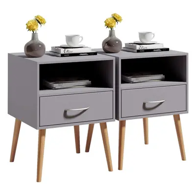 (Grey) Wood Bedside Table Set of Cabinet Storage Nightstands Drawer with Metal Handle, x x cm