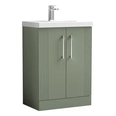 Retro Door Floor Standing Vanity Unit with Thin-Edge Tap Hole Ceramic Basin - 600mm - Satin Gree