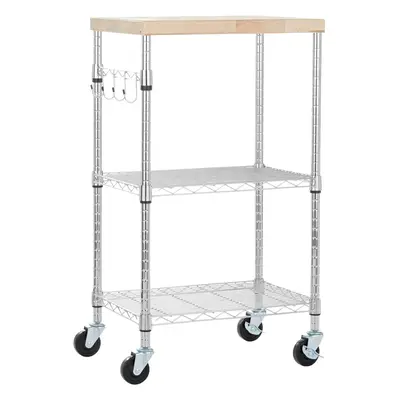 (Wood/Chrome) 3-Tier Microwave Cart on Wheels with Removable Wood Top and Height-Adjustable Chro