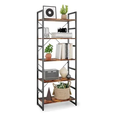 (Rustic Brown) Tier Bookshelf, Standing Bookcase with X-shape Frame,Adjustable Leg pads, Industr