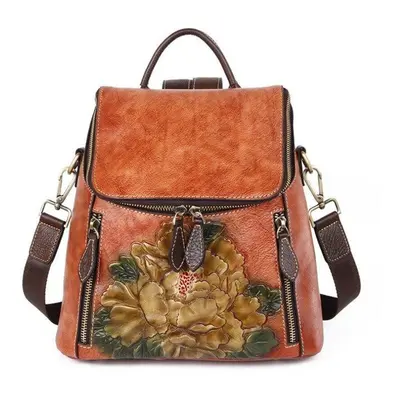 (brown) Johnature Retro Genuine Leather Floral High Quality Women Luxury Backpack Large Capacity