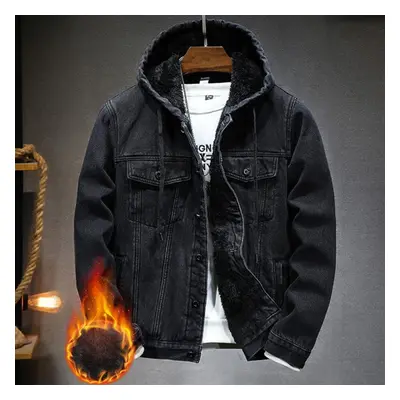 (black, XXL) Men&apos;s Autumn And Winter Retro Hooded Denim Jacket Coat Hooded Plus Velvet Wind