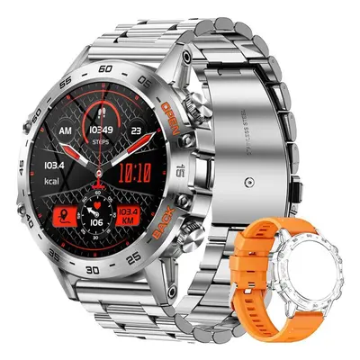 (orange,silver, Steel belt + silicone bel) Smart Watch Men Bluetooth Call 24h Heart Rate Watches