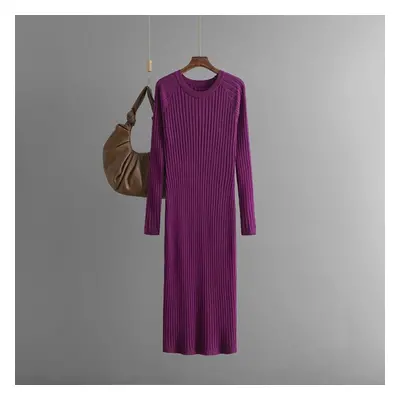 (purple, One Size) Fall Winter Lazy Wind Loose O-neck Sweater Dress Women&apos;s Long Sleeve Kni