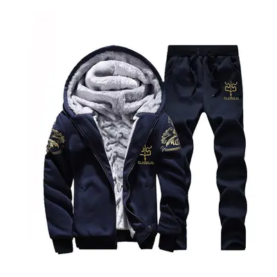 (dark blue, XXXXL) Men Winter Outfits Fleece Coat+sweatpants Warm Hooded Jacket Fashion Sport Tr