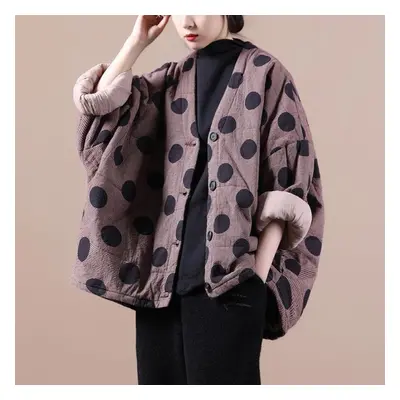 (as the picture, One Size) Johnature Spring Women Polka Dot Parkas V-neck Bat Sleeve Warm Coats 