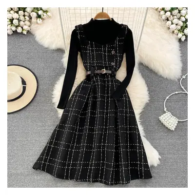 (black, M) Autumn And Winter Retro Temperament Standing Collar Base Sweater Two-piece Plaid Wool