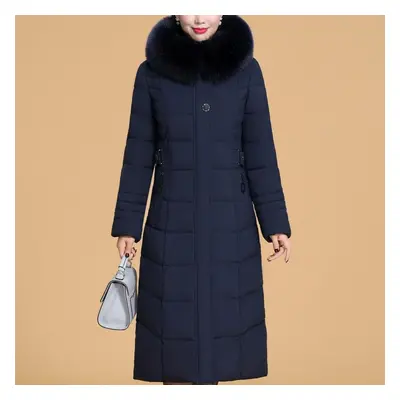 (blue, 3XL) Plus Size Xl-6xl Middle Age Woman Long Parkas Winter Thick Warm Overcoats Hooded Ele