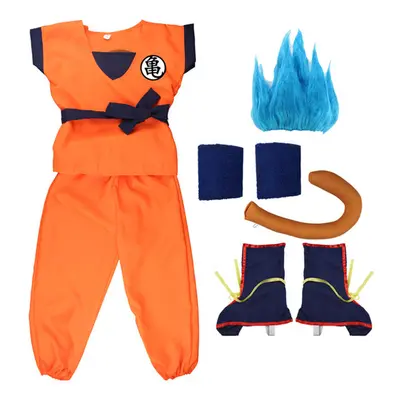 (7pcs Blue Wig, 160(height150-165cm)) Cosplay anime Kids Son Goku Costume Anime Cosplay hero Uni