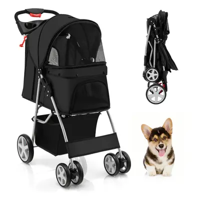 Folding Pet Stroller Portable Pet Travel Pushchair Wheels w/ Basket