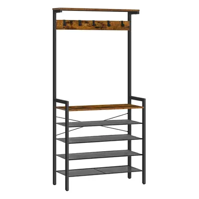 Industrial Hall Tree, Large Hall Stand, Removable Hooks, Wood Accent Top Shelf, Entryway Storage