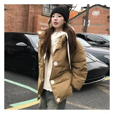 (khaki, L) Fashionable Loose Winter Hooded Cotton Parka With Patchwork For Women