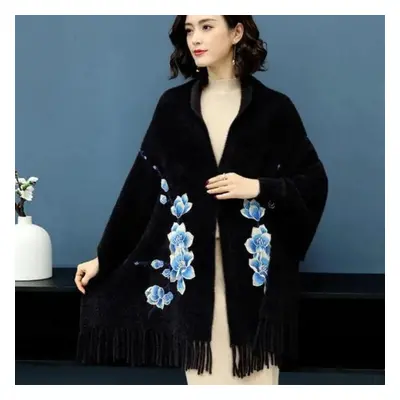 (black, One Size) Mink Velvet Shawl Poncho Women Autumn And Winter New Cashmere Casual Outside W