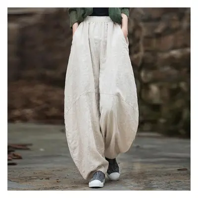 (beige, One Size) Johnature Women Vintage Ramie Wide Leg Pants Solid Color Elastic Waist Trouser