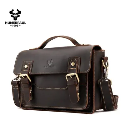 (Coffee) HUMERPAUL Men Leather Briefcase Large-capacity Shoulder Bag Multifunctional Sports Bag