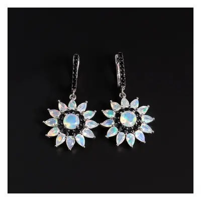 (white, L) Sunflower Design Clasp Earrings S925 Silver With Natural Ethiopia Opal 4.8ct Gemstone