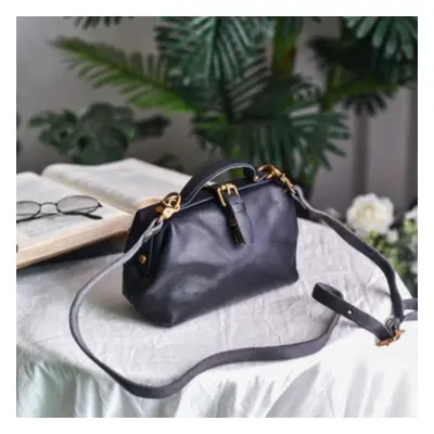 (black) Johnature Vintage Doctor&apos;s Bag Genuine Leather Women Handbag Simple Solid Color Rea