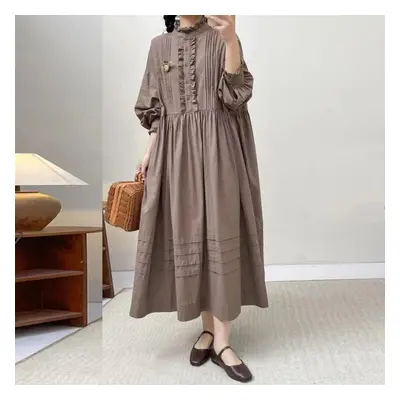 (coffee, One Size) Johnature Japanese Spring Pleated Forest Dresses Casual Retro Ruffles Collar 