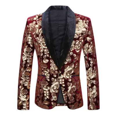 (red,gold, XS) Pyjtrl Mens Fashion Golden Shiny Sequin Floral Pattern Suit Jacket Blazer