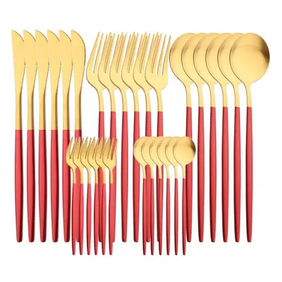 (red,gold) 30pcs White Gold Cutlery Set Matte Dinnerware Knife Fork Spoons Stainless Steel Silve