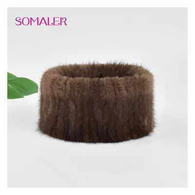 (brown) Somaler Winter Women&apos;s Mink Fur Headband Hand-sewn Fur Girl Headwear Fashion Female