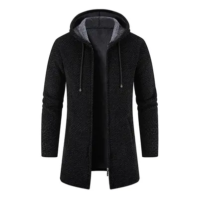 (black, XXL) Men&apos;s Medium Long Coat Hooded Plush Plaid Knitting Drawstring Coat Sweater War