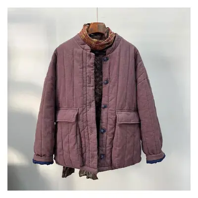 (purple, One Size) Johnature Women Vintage Linen Parkas Stand Long Sleeve Button Plus Cotton War