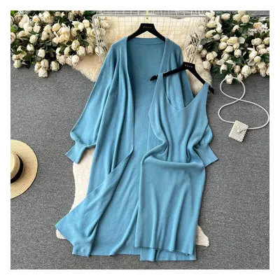 (blue, One Size) French High-end Solid Color Knit Fashion Suit Two Pieces Set Women&apos;s Autum