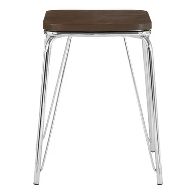 Sturdy And Reliable Chrome Metal and Elm Small Wood Stool, Small Square Stool, Accent Wooden Sto