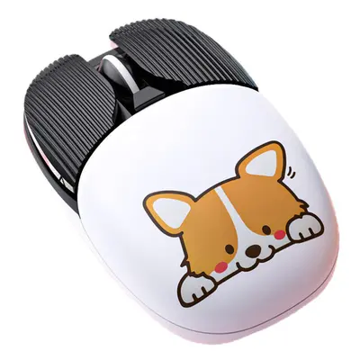 (White) Cute Cartoon Mouse Dual Mode Bluetooth 3.0/5.2 2.4G Wireless Adjustable 1000-1600DPI Rec