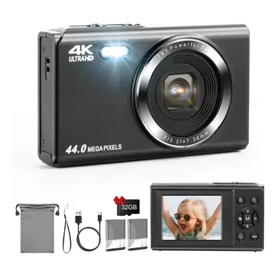 (Black) Digital Camera, FHD 1080P 44MP Compact Camera,Vlogging Camera with 32G SD Card, 2.4" LCD