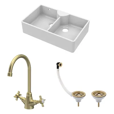 Fireclay Kitchen Bundle - Double Bowl Stepped Weir Butler Sink, Wastes & Mono Crosshead Tap, 895