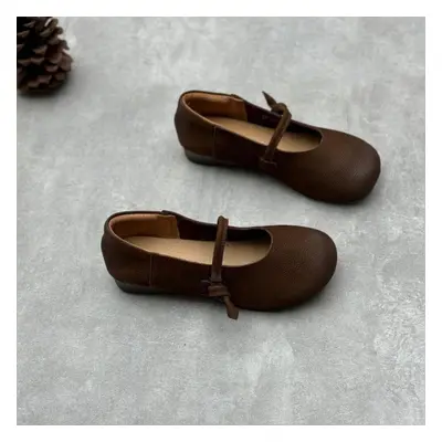 (coffee, 40) Johnature Genuine Leather Loafers Round Toe Solid Color Women&apos;s Flats Handmade