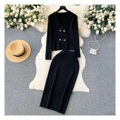 (black, One Size) Women Chic Elegant Elastic Bodycon Dress Sexy Long Sleeve Fashion Double Breas