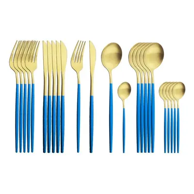 (blue,gold) 24pcs Gold Matte Cutlery Set Stainless Steel Dinnerware Set Silver Knife Fork Spoon 