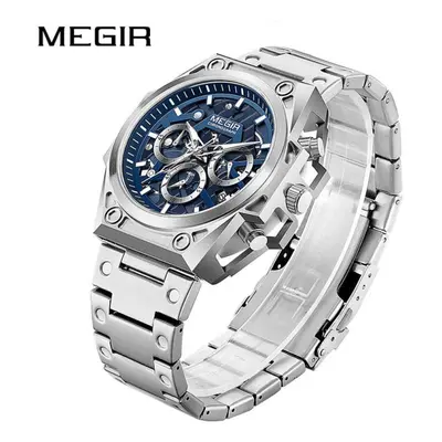 (silver) Megir Blue Stainless Steel Creative Design Men Quartz Wristwatch