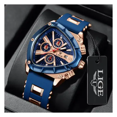 (blue) Lige Creative Fashion Men Quartz Watch Top Brand Triangle Dial Leisure Watch Night Glow W